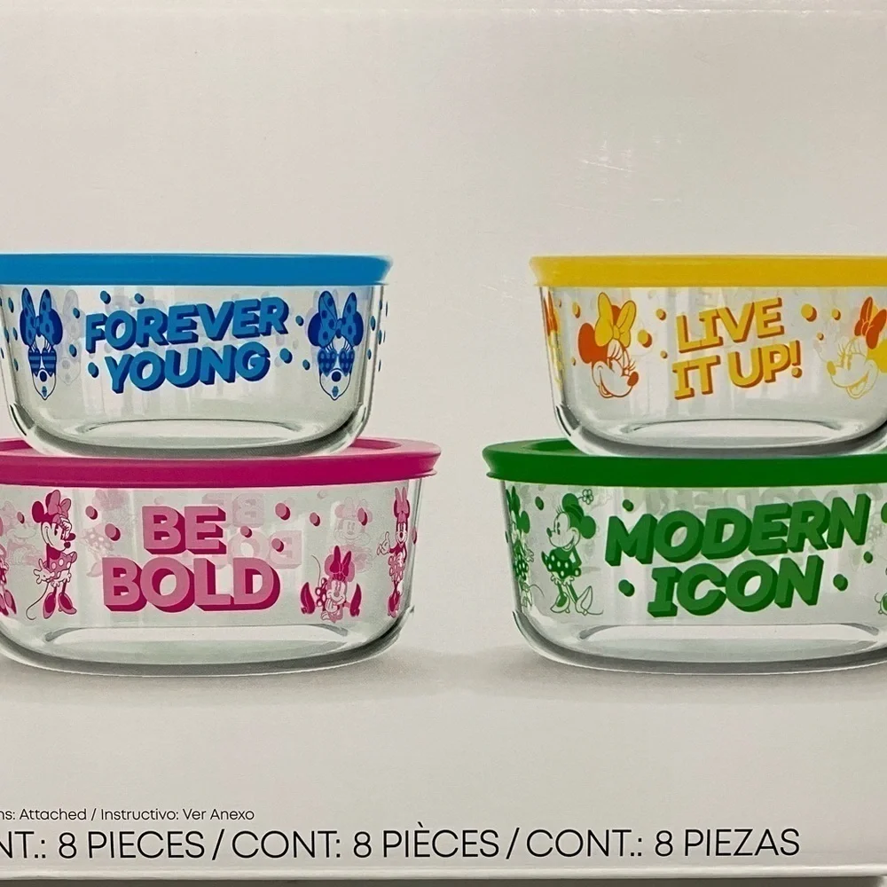 Pyrex Disney Minnie Decorated Glass Food Storage 4 Bowls plus Lids